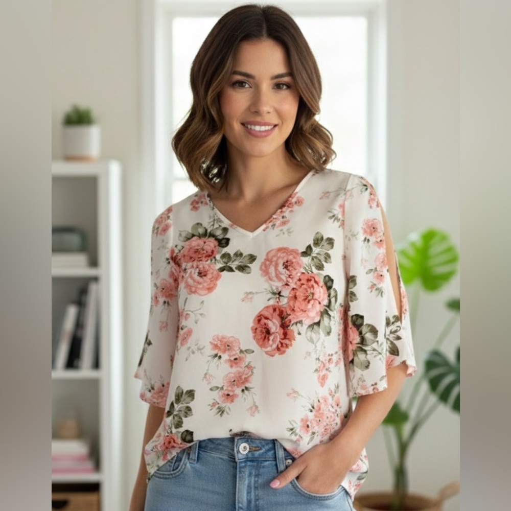 Floral V-Neck Women's Top size M/L Flowy peekaboo arms polyester